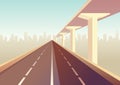 Empty two lavels speed highway. Straight road through to city landscape. Metropolis on background. Asphalt way and town Royalty Free Stock Photo