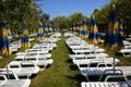 Empty umbrellas and deckchairs in the park