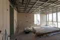 Empty under construction room in home or house with space on site. Interior. Old unfurnished room rental property