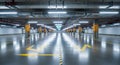 Empty Underground Parking Garage with Yellow Arrows and Bright Lighting interior concrete Royalty Free Stock Photo