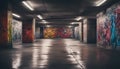 Empty underground parking with graffiti wall abstract background. Idea for artistic pop art background Royalty Free Stock Photo