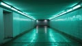 Empty underground pedestrian tunnel with tiled walls and ceiling, fluorescent lights creating vanishing point Royalty Free Stock Photo