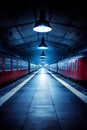 Empty Underground Train Station at Night, Luminous Platform, Red Train, Minimalist Architecture Royalty Free Stock Photo