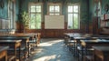 empty university classroom with classic wooden desks and whiteboard, representing the return to campus idea Royalty Free Stock Photo