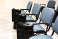 Empty university lecture hall chairs closeup no students present, empty university classroom, auditorium Lockdown, covid 19