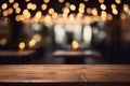 Empty wooden table top with lights bokeh on blury background, neural network generated image