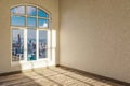 empty urban appartment with skyline view and brigth sunlight trough arched window modern architecture design 3D Illustration