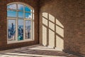 empty urban appartment with skyline view and brigth sunlight trough arched window modern architecture design 3D Illustration