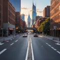 Empty urban asphalt road exterior with city buildings background. New modern highway concrete construction. Royalty Free Stock Photo