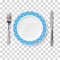 Empty vector blue plate with polka dot color pattern and knife and fork isolated on transparent background. View from above Royalty Free Stock Photo