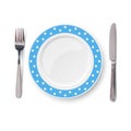 Empty vector blue plate with polka dot color pattern and knife and fork isolated on white background. View from above Royalty Free Stock Photo