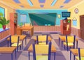 Empty vector flat cartoon school class room interior with board desk.