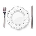 Empty vector white dish with figured edges and black polka dot pattern and knife and fork isolated on white background. Close up