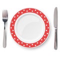 Empty vector red plate with polka dot color pattern and knife and fork isolated on white background. View from above Royalty Free Stock Photo