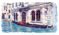 Empty venetian gondola on Venice canal watercolor