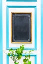 Empty vertical blackboard framed in brown, white and light blue wood. A natural plant with green leaves at the bottom. Copy space