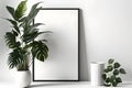 Empty vertical frame mockup in modern minimalist interior with plant in trendy vase on white wall background Royalty Free Stock Photo