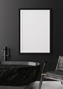 Empty vertical picture frame on black wall in modern and luxury bathroom. Mock up interior in contemporary style. Free