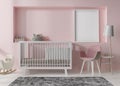 Empty vertical picture frame on pink wall in modern child room. Mock up interior in scandinavian style. Free, copy space Royalty Free Stock Photo