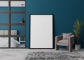 Empty vertical picture frame standing on concrete floor in modern bedroom. Mock up interior in contemporary, loft style Royalty Free Stock Photo