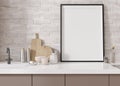 Empty vertical picture frame standing in modern kitchen. Mock up interior in minimalist, contemporary style. Free, copy