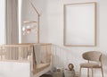 Empty vertical picture frame on white wall in modern child room. Mock up interior in scandinavian style. Free, copy