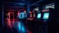 Empty video game arcade, 80s style, neon, gaming mashines in a row, AI generative Royalty Free Stock Photo