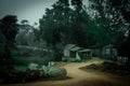 An empty village road in a misty foggy morning. Rural Indian village. Ghost Scarry atmosphere in winter Royalty Free Stock Photo