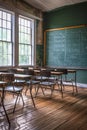 Empty vintage classroom with wooden desks and chairs, a chalkboard with handwritten notes and sunlight streaming through the Royalty Free Stock Photo