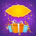 Empty Vintage Frame With Gift Boxes, Stars Against Purple Fireworks Royalty Free Stock Photo