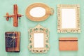 empty vintage frames ready for mockup, old books and airplane toy Royalty Free Stock Photo