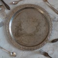 Vintage tableware on empty cement grey background Royalty Free Stock Photo