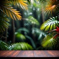 the empty vivid dark wood table top with blur background of tropical forest.