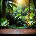 the empty vivid dark wood table top with blur background of tropical forest.