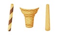 Empty Waffle Cone as Container for Dessert and Wooden Stick Vector Set