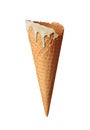 Empty waffle cone with a melting ice cream cone