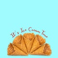 Empty waffle cones, with a pastel blue background.Copy space. Ice cream time concept. Food. Dessert Royalty Free Stock Photo