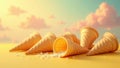 Empty waffle cones scattered on a yellow surface against a pastel sky background, suggesting a dreamy summer scene. Generative AI