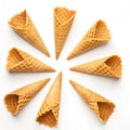 Empty waffle cones typically used for serving ice cream isolated on white background