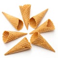 Empty waffle cones typically used for serving ice cream isolated on white background