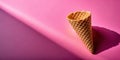 Empty waffle ice cream cone on pink background with sunlight. Generative AI