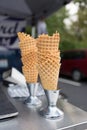 Empty waffle ice cream cones at the farmers market