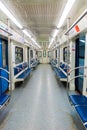 An empty wagon of the Moscow metro, the seats are marked with stickers for compliance distance during Covid-19 epidemic. Moscow, Royalty Free Stock Photo