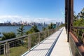 Empty Walkway at Domino Park in Williamsburg Brooklyn with a Manhattan Skyline View