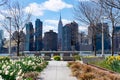 Empty Walkway at Gantry Plaza State Park in Long Island City Queens New York with a view of the Midtown Manhattan Skyline during S