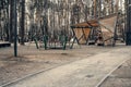 Empty walkway in the park. Lack of people in a public place, quarantine. Spring park in the morning. Royalty Free Stock Photo