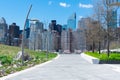 Empty Walkway on Roosevelt Island during Spring with the Manhattan Skyline of New York City