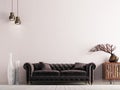 Empty wall in classical style interior with brown sofa on grey background wall.