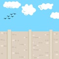 Empty wall with clear blue sky, clouds and flying birds. Clean and minimal design.Vector illustration Royalty Free Stock Photo