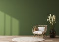 Empty wall mock-up in home interior on green background with rattan chair and decor in living room Royalty Free Stock Photo